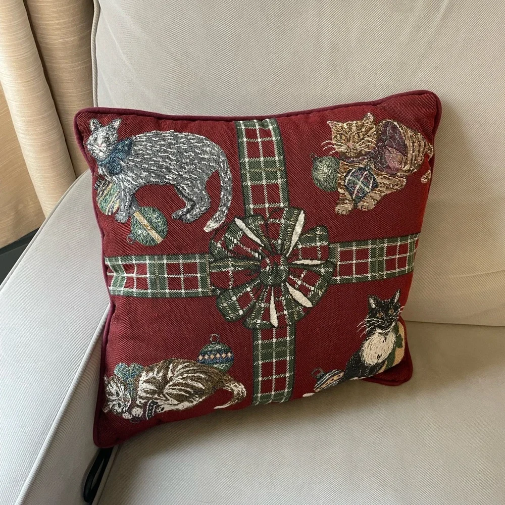 Vintage Christmas Tapestry Throw Pillow Red Plaid Bow Cats and Ornaments
